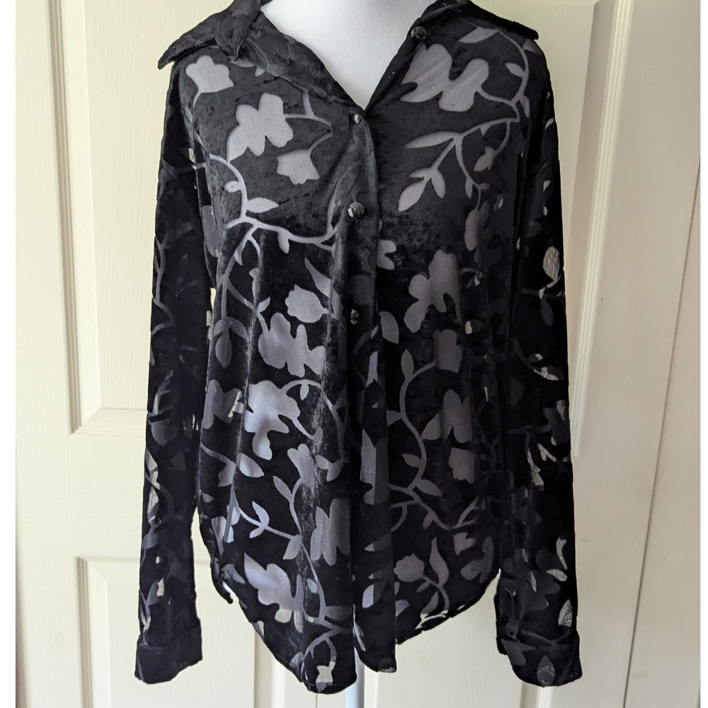 Vtg Burnout Velvet Shirt Black Floral Sheer Mesh Button Up Top Whimsigoth Grunge